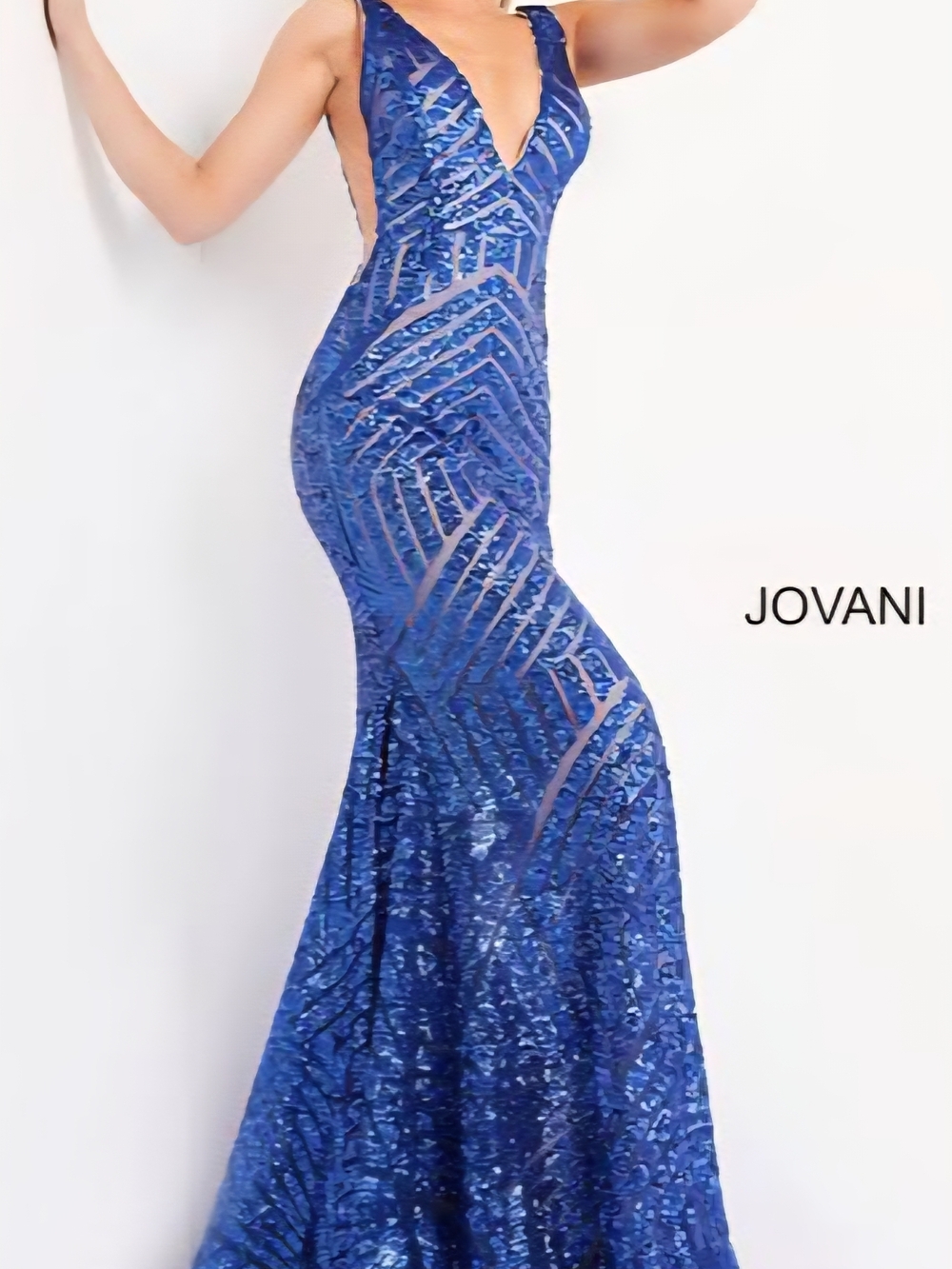 Jovani Sapphire Blue Sequin Backless V-Neck Gown